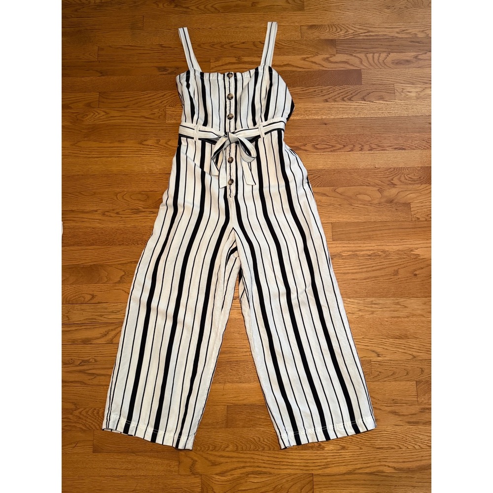 LOFT Striped Linen Blend Wide Leg Jumpsuit Black White Button Front Size 8 - Picture 2 of 10